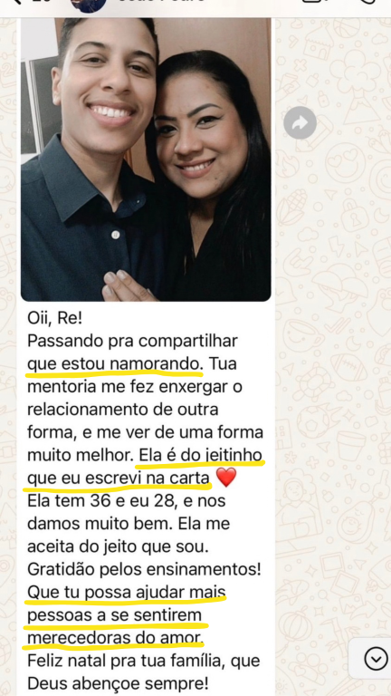 Mensagem de uma cliente contando que começou um novo relacionamento