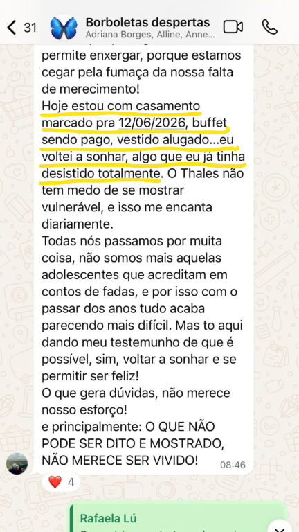 Mensagem de uma cliente contando sobre o seu casamento