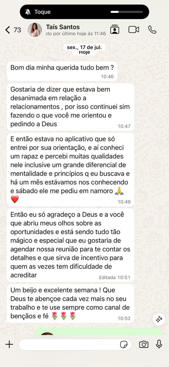 Mensagem de uma cliente contando que recebeu um pedido de namoro